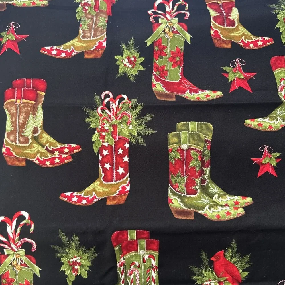 Kaufman Holly Jolly Christmas Cowboy Boot Print Cotton Quilting Fabric 2 Yd
